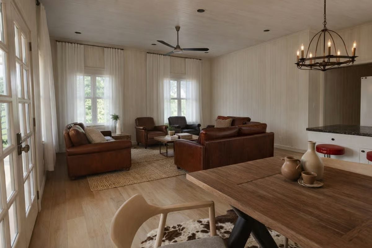 Brown Leather, Sheer Curtains, and a Ceiling Fan That Means Business