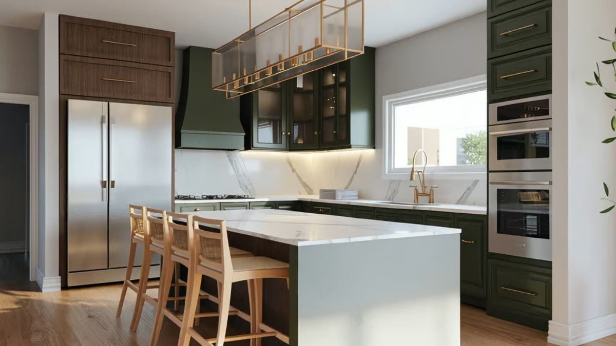 Dark Green Cabinetry and Brass Hardware Make This Kitchen Feel Lived-In Already