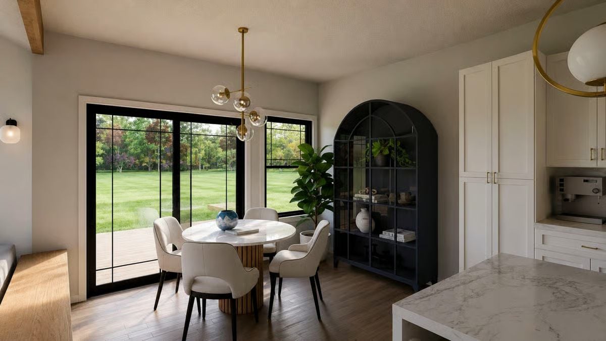 Marble Table, Arched Cabinet, and Sliding Glass That Makes the Backyard Feel Like Part of the Room