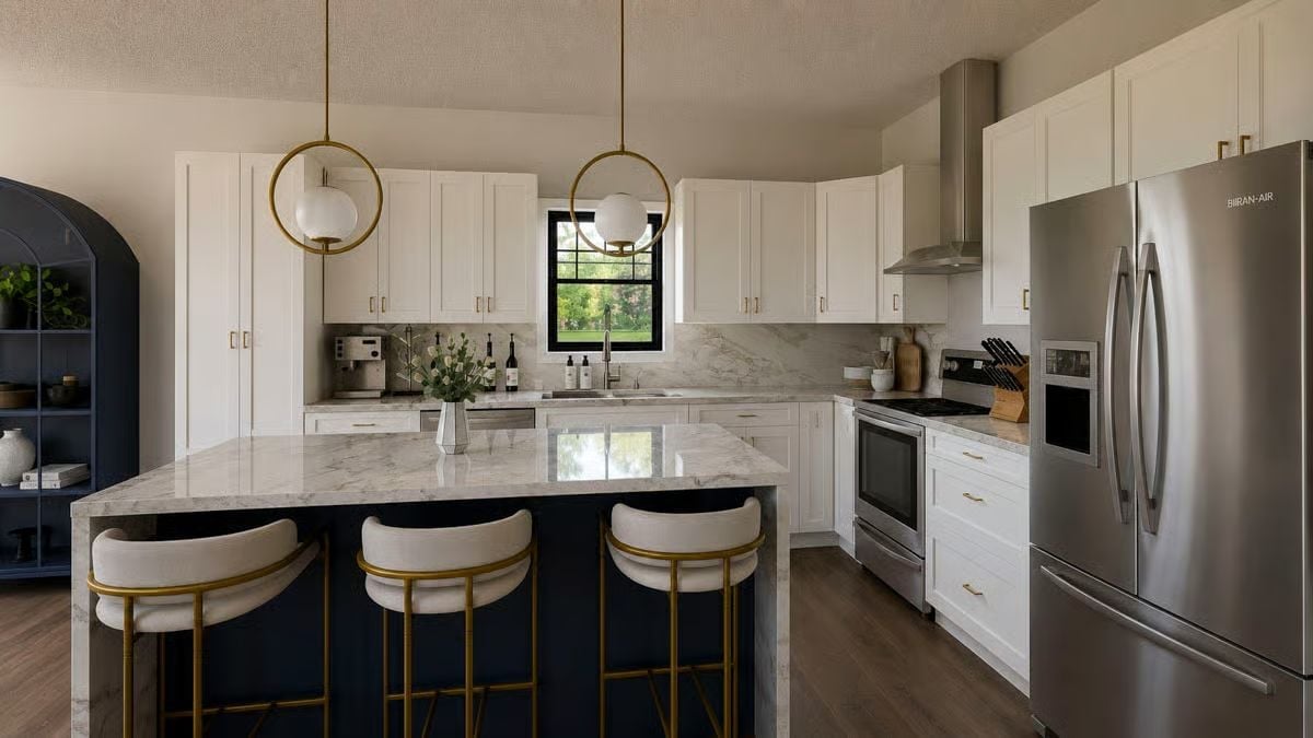 Navy Island, Marble Slab, and Pendant Rings That Pull the Room Together