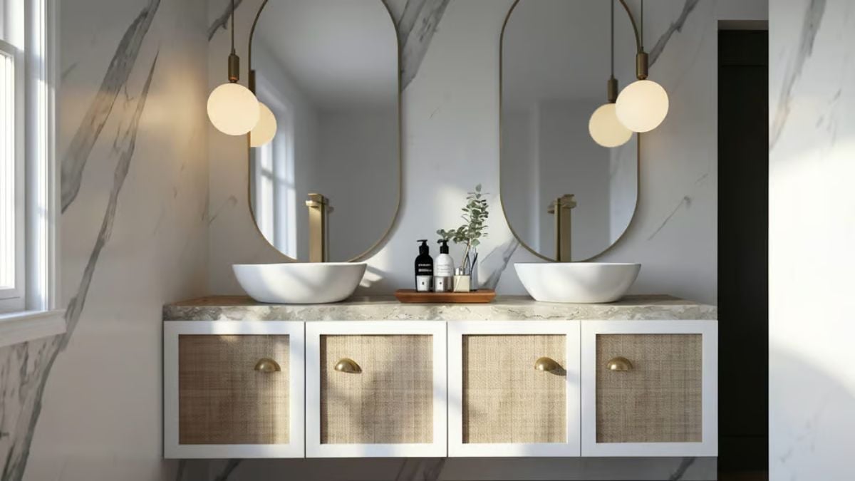 Vessel Sinks and Rattan Cabinet Fronts Prove Marble Doesn't Have to Feel Cold