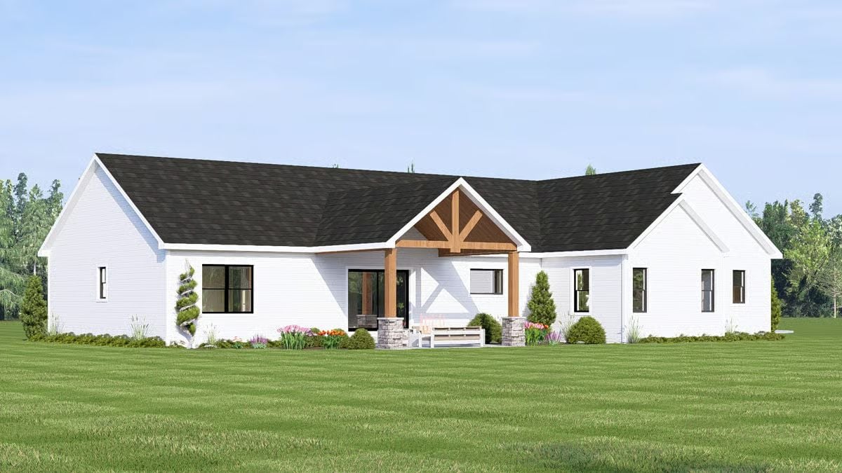 Warm Timber Gable Entry Anchors a Crisp All-White Ranch Facade