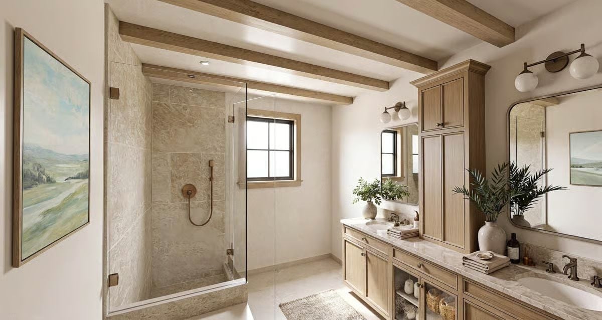 Exposed Beams and Brass Fixtures Make This Bathroom Feel Earned