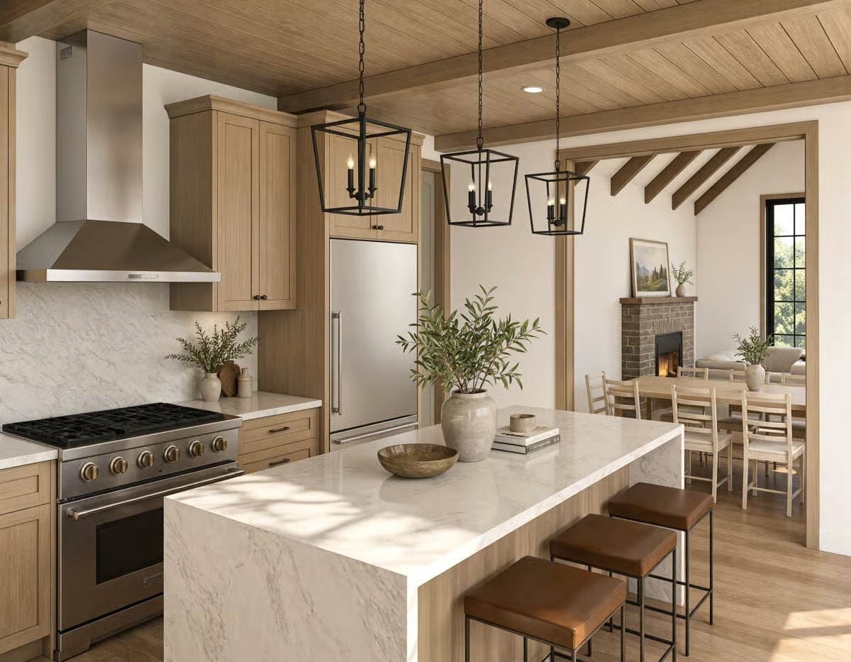 Marble Island, Leather Stools, and Black Lanterns That Anchor the Whole Room