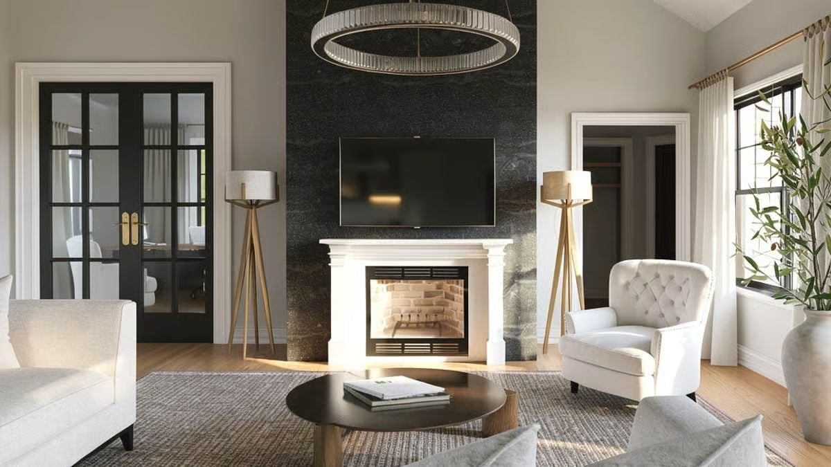 Black Granite, White Mantel, and a Fireplace That Actually Gets Used