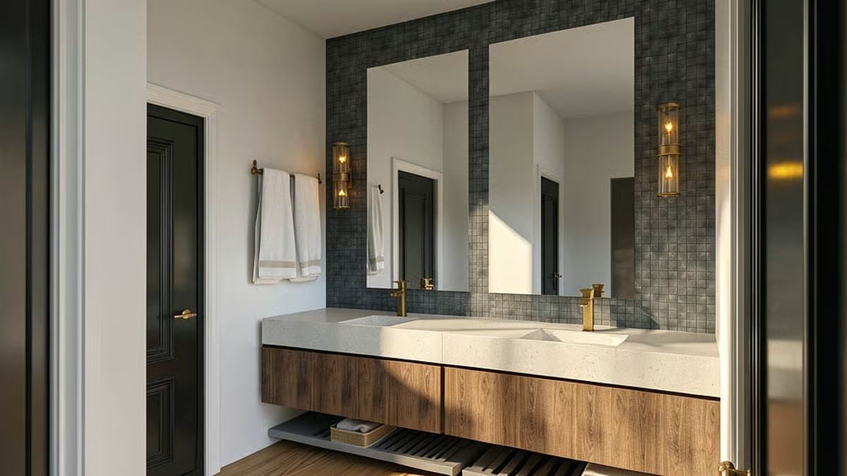 Floating Vanity, Mosaic Tile, and Two Sinks That Don't Fight for Space