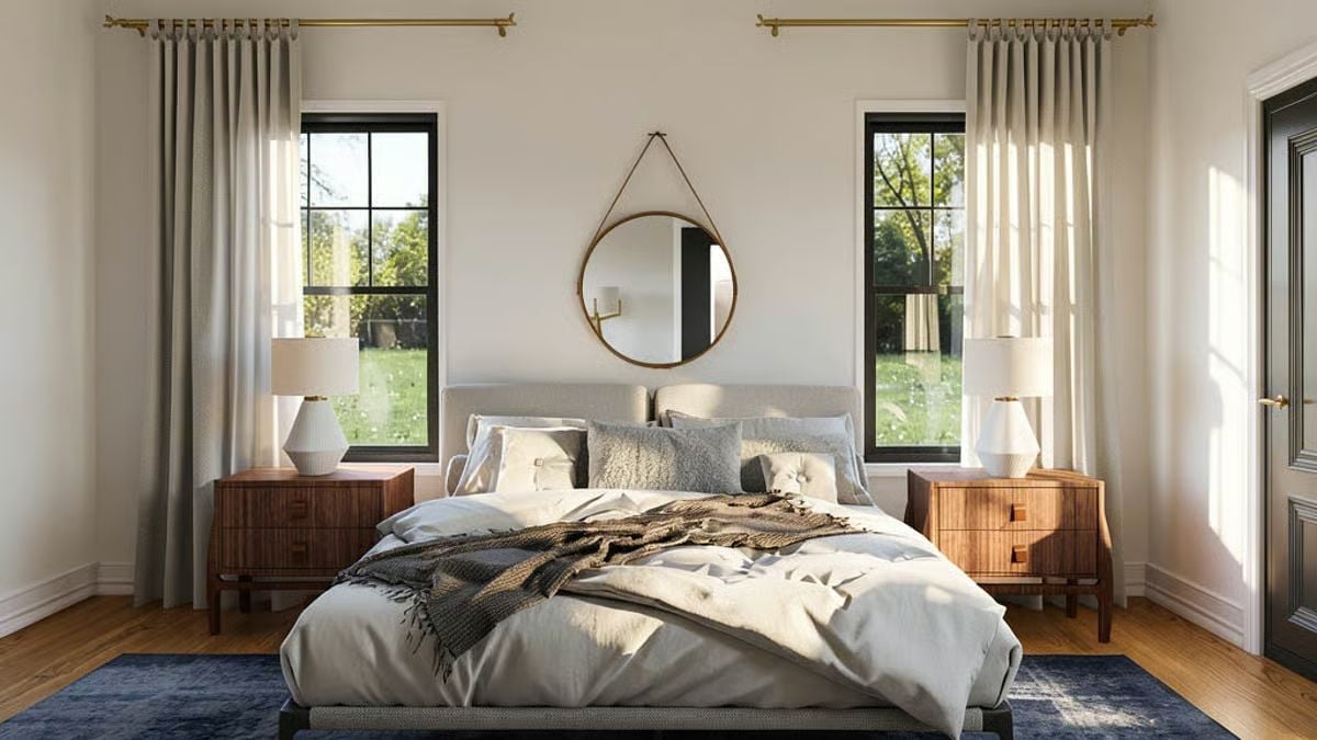 Warm Wood, Linen Gray, and a Round Mirror That Holds the Wall Together