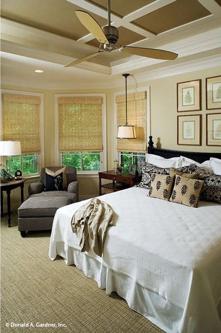 Coffered Ceiling, Woven Shades, and a Bed That Clearly Wins the Room