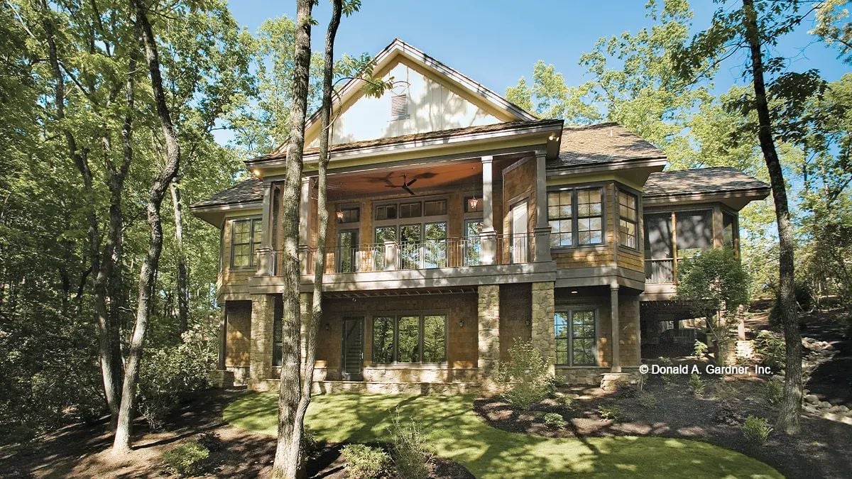 Wooded Rear Elevation Where Stone, Wood, and Glass Do the Heavy Lifting