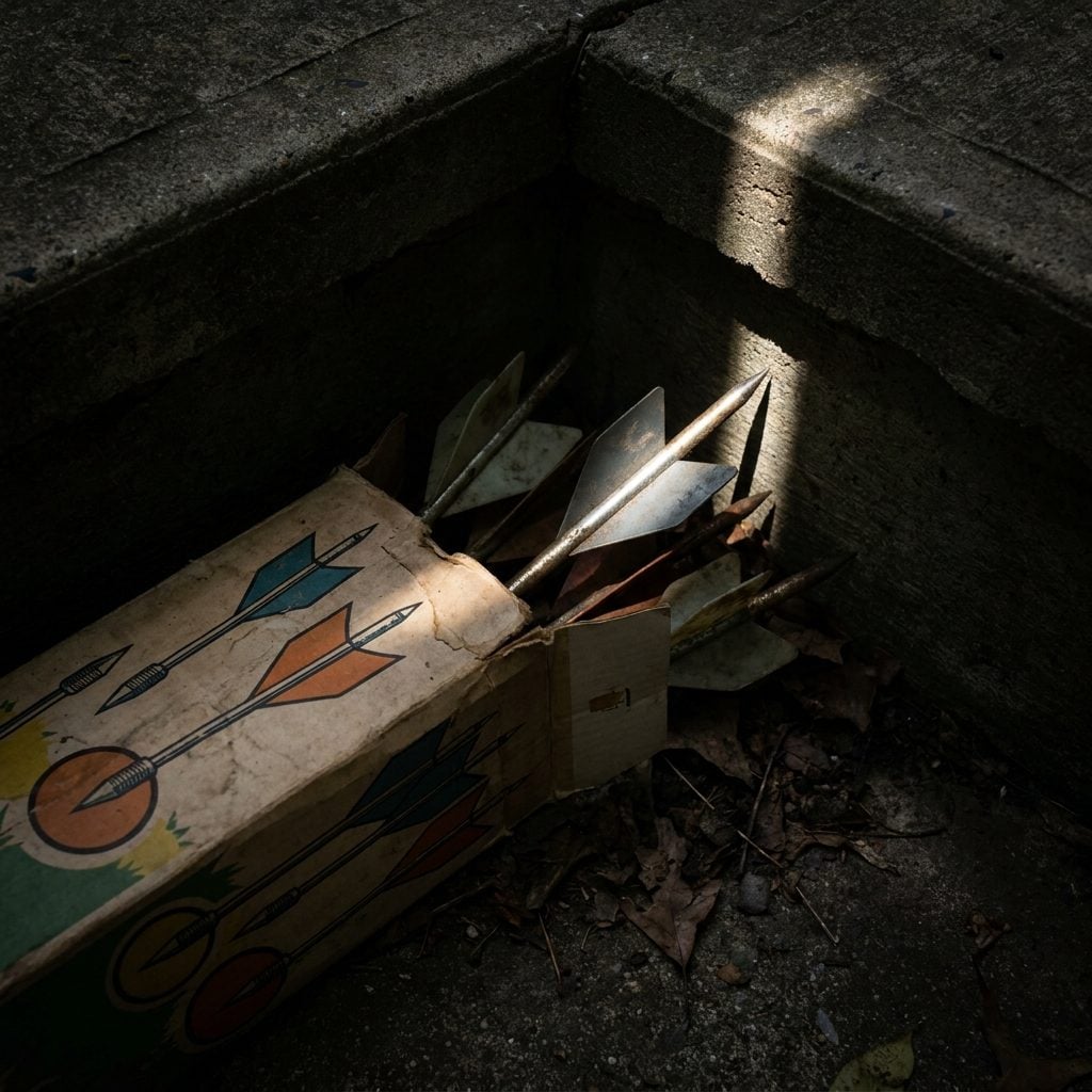 The Lawn Darts Set in Its Cardboard Box Under the Patio Steps