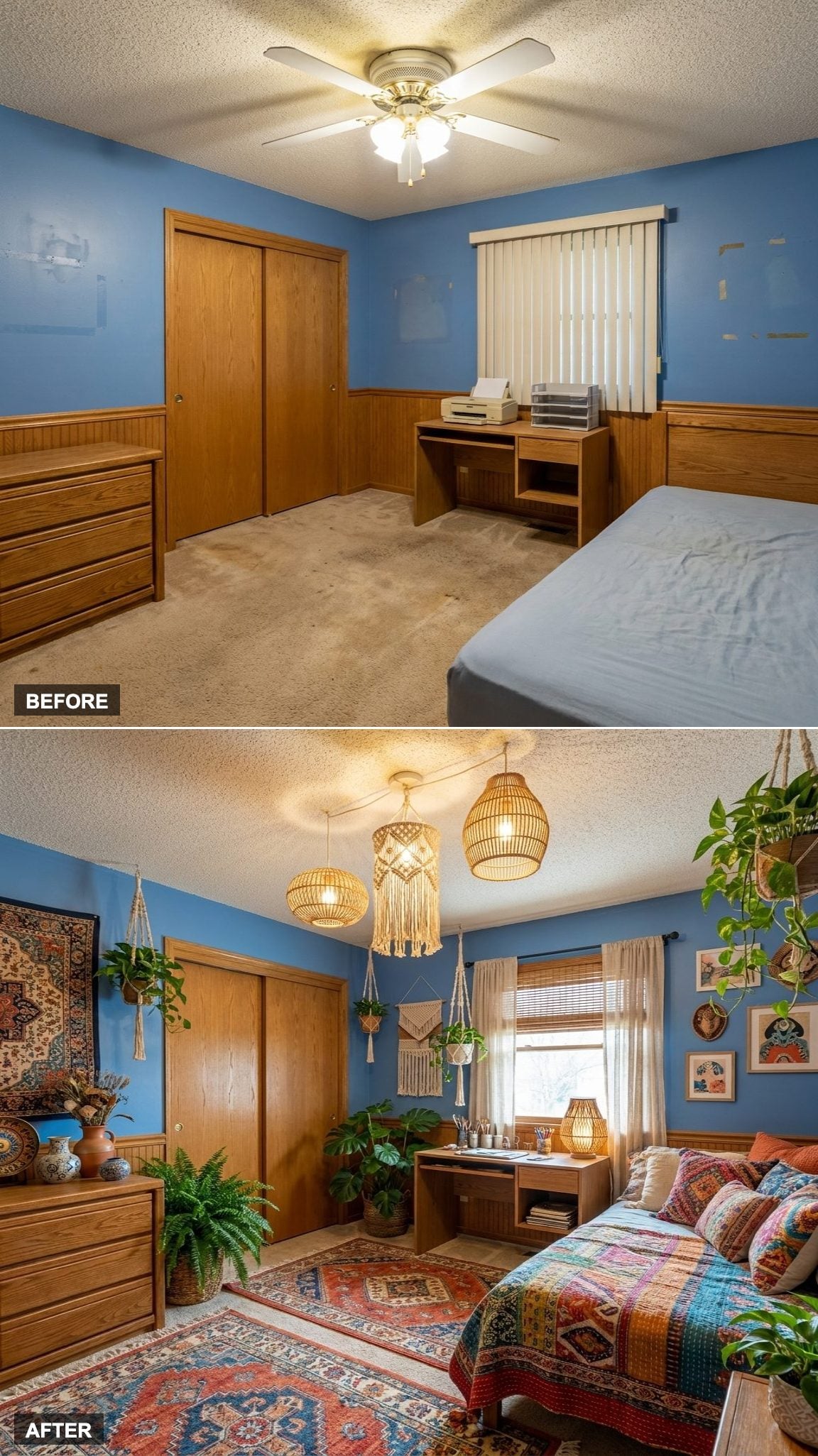 Layered Rugs, Woven Pendants, and Indoor Plants Turn the Old Bedroom Into a Bohemian Creative Lounge