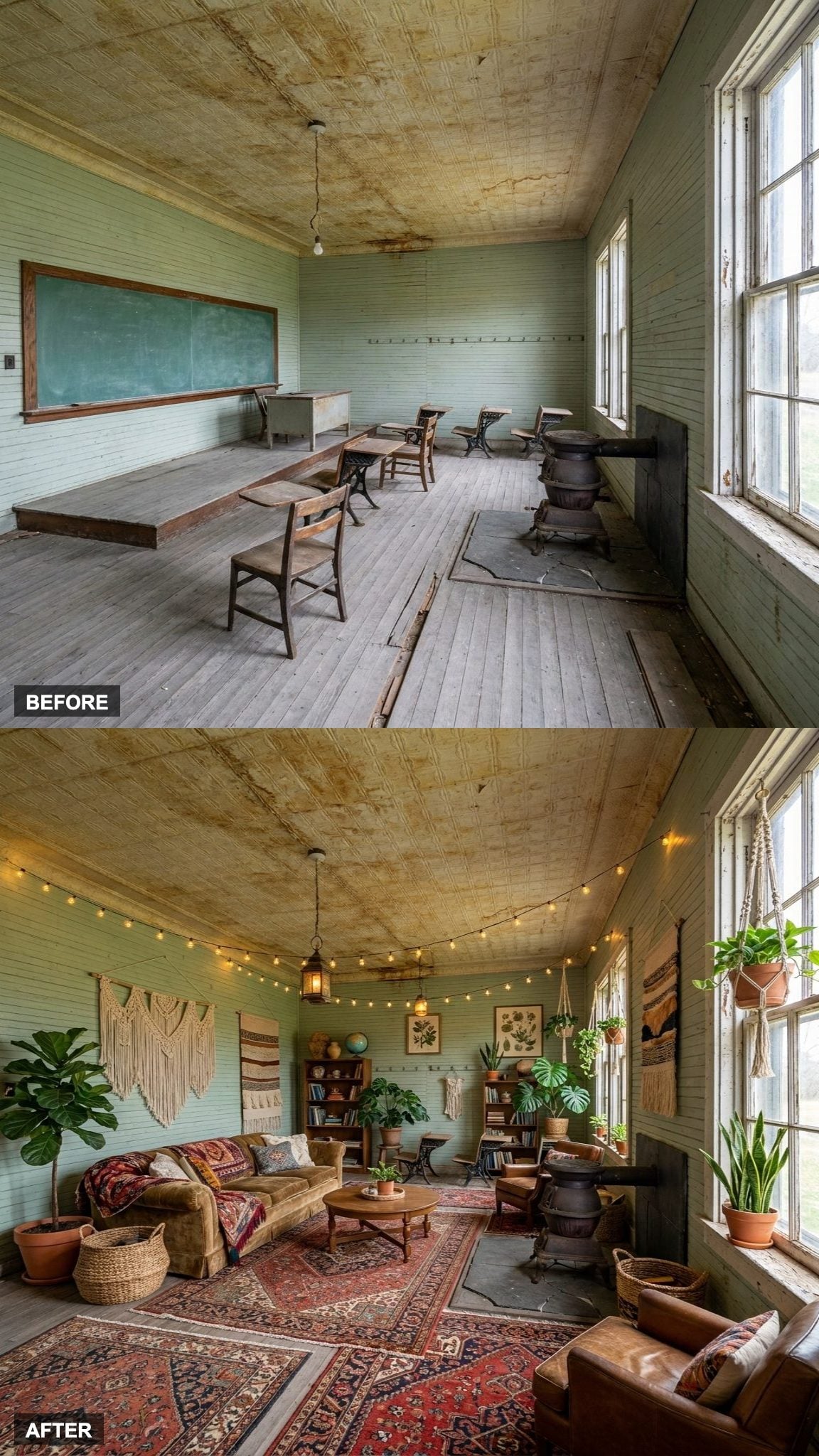 Layered Rugs, Woven Textures, and a Houseplant Collection That Turned Four Schoolhouse Walls Into a Bohemian Family Haven