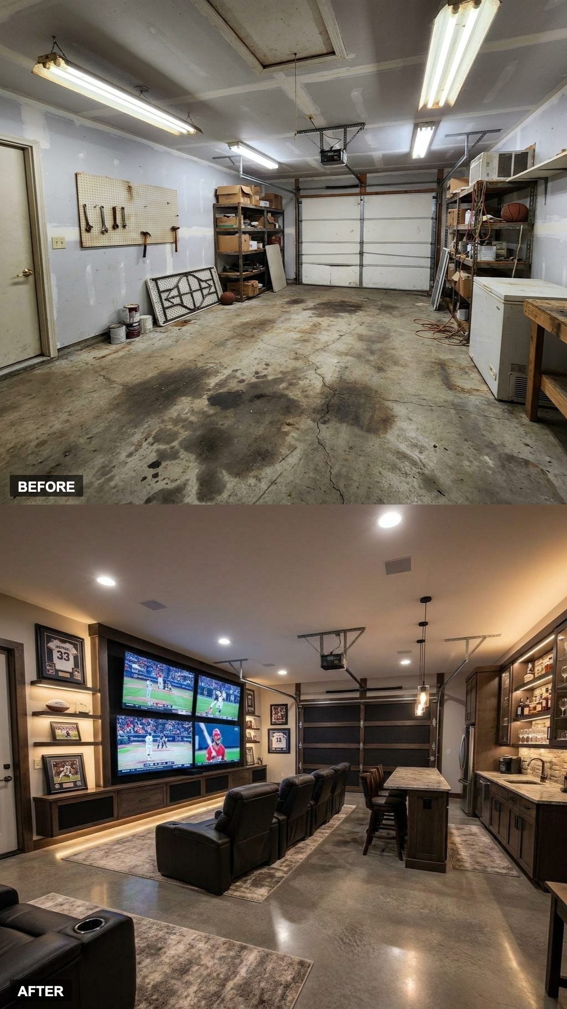 The Leather Recliner Sports Palace With a Full Wet Bar and Wall-to-Wall Screens