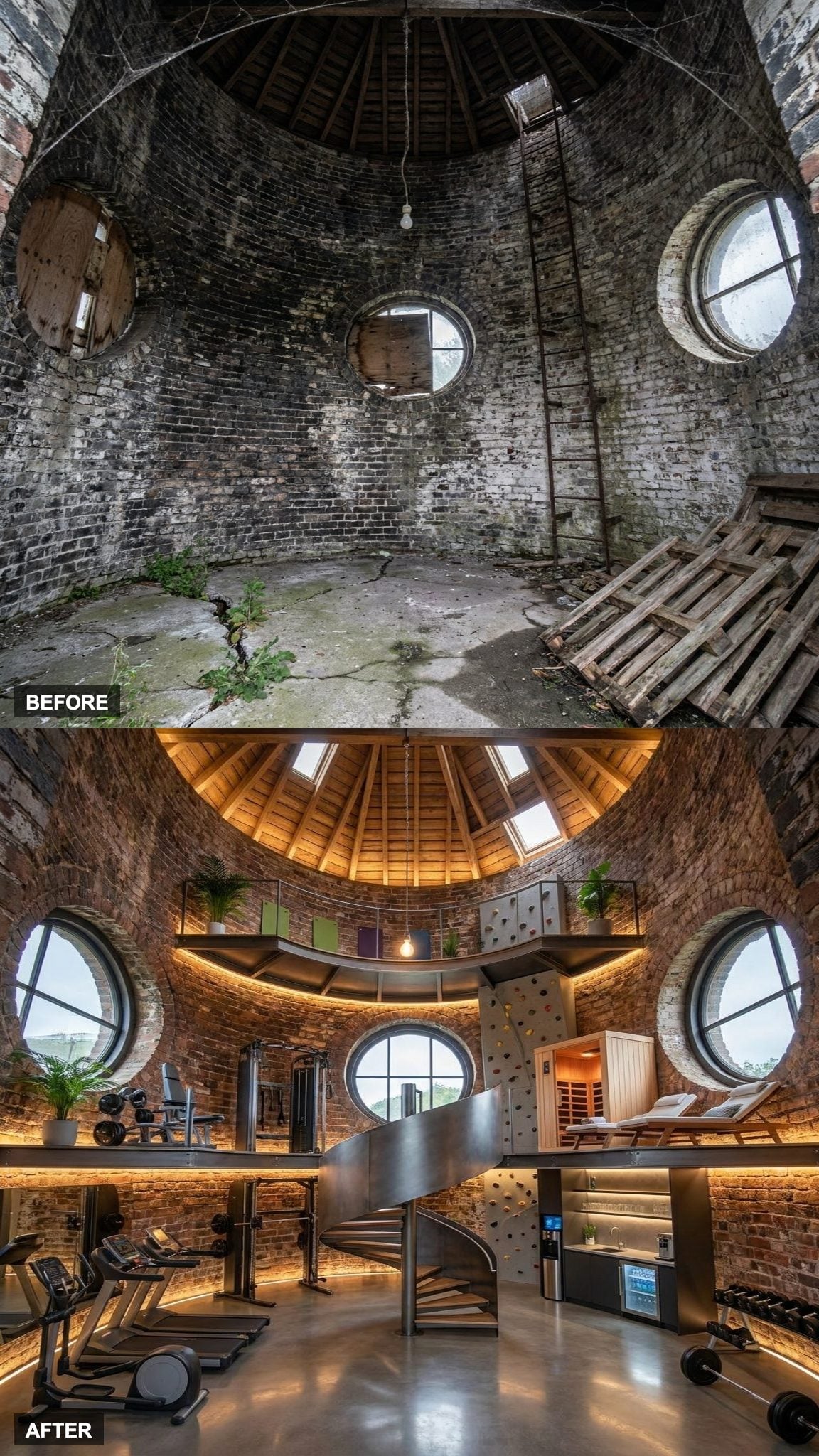 Every Level Does Something Different in This Ultimate Spiral Home Gym With Skylights, a Climbing Wall, and an Infrared Sauna