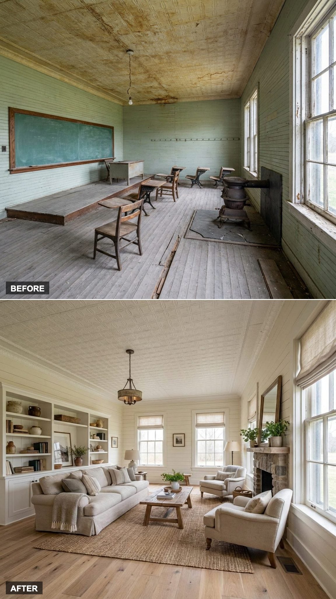 Light Wood Floors and Built-In Shelving Give This Modern Cottage Interior Its Quiet Authority