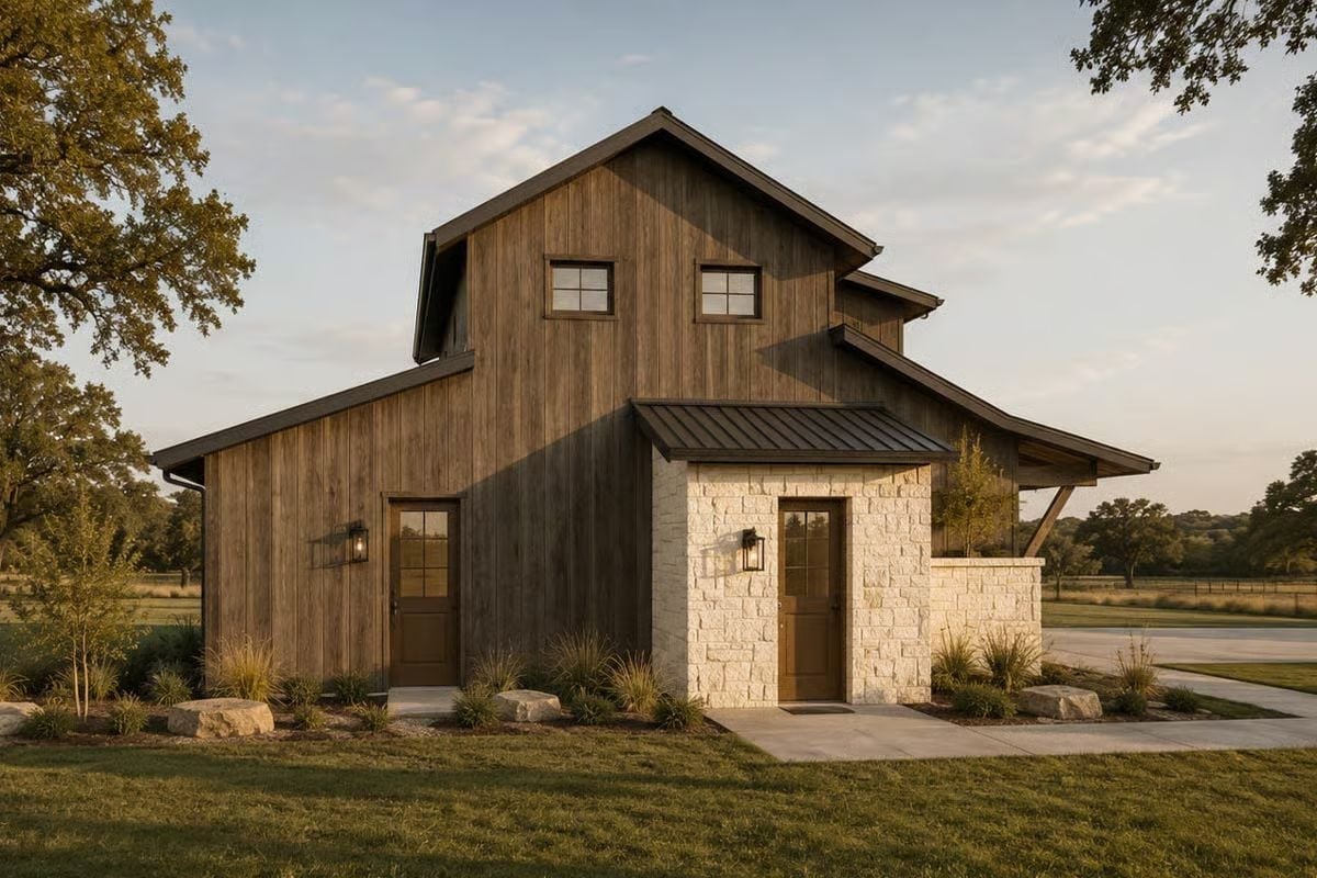 Vertical Board-and-Batten Meets Limestone Base on This Texas Hill Country Carriage House