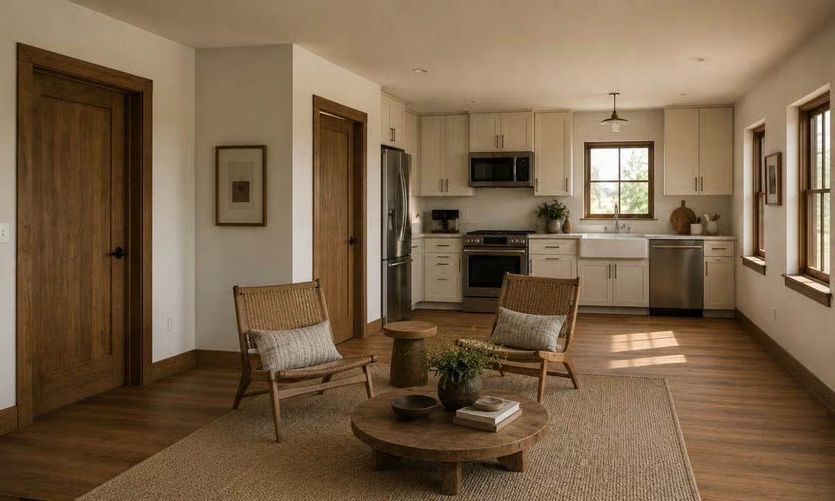Wicker Chairs and a Round Coffee Table Do Exactly What a Living Space Should