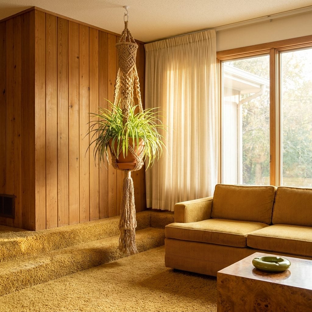 The Macramé Plant Hanger Suspended From a Ceiling Hook Nobody Remembers Installing