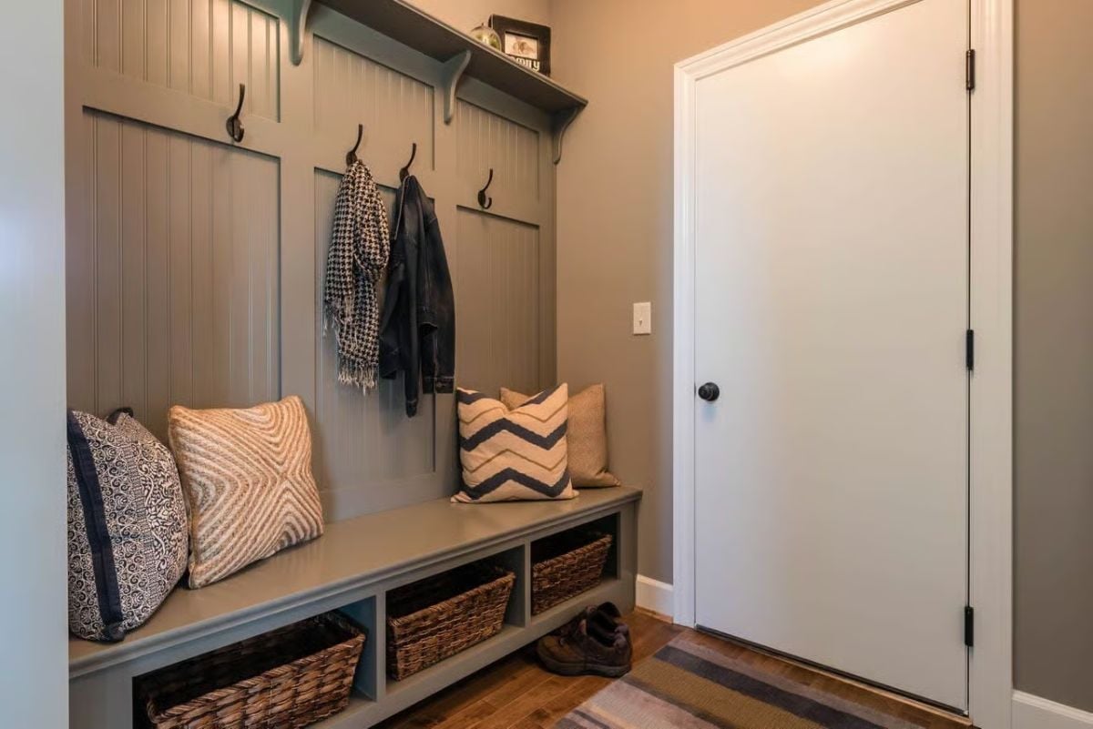 Mudroom Bench With Wicker Baskets That Actually Gets Used Every Single Day