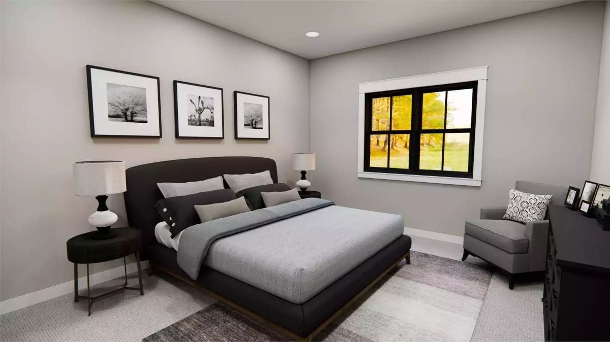 Gray Walls, Dark Headboard, and Three Framed Prints That Know Their Place