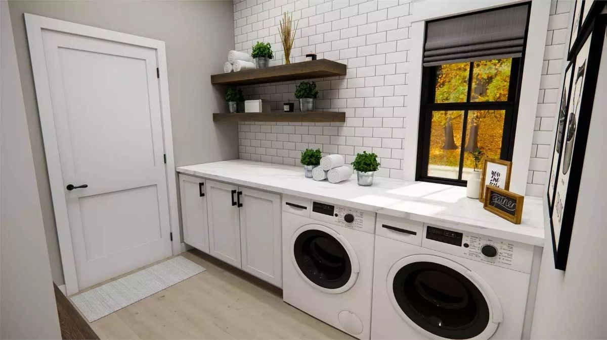 Subway Tile, Open Shelves, and Two Machines Tucked Under One Long Counter