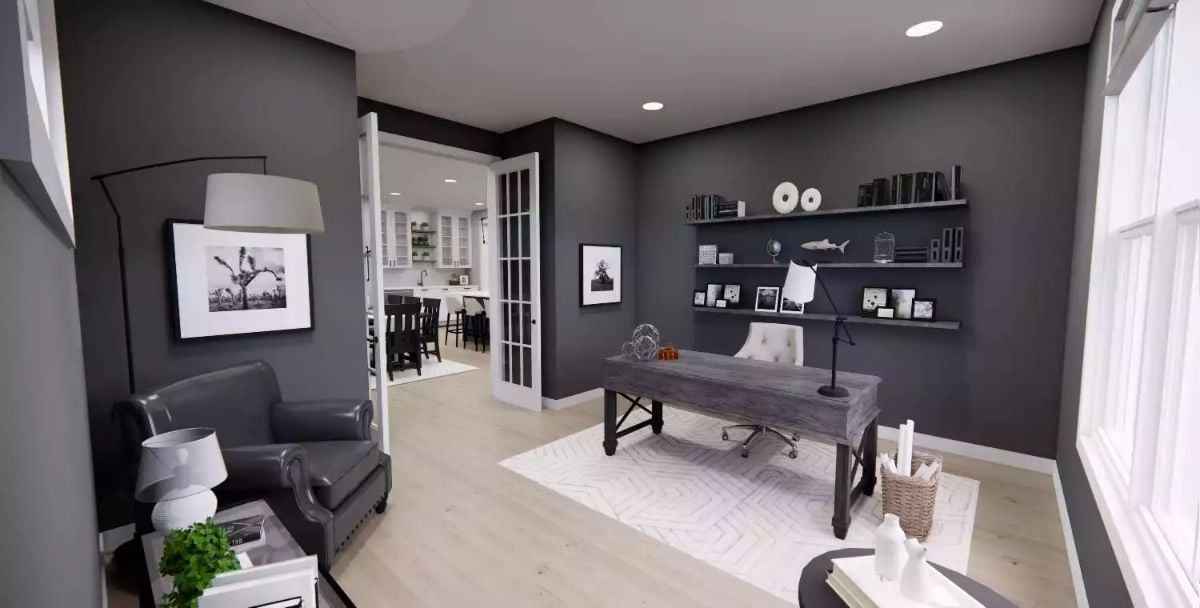 Charcoal Walls and Floating Shelves Built for a Home Office That Means Business