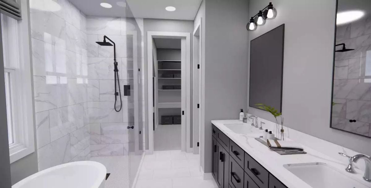 Matte Black Fixtures, Marble Tile, and a Double Vanity That Earns Every Inch