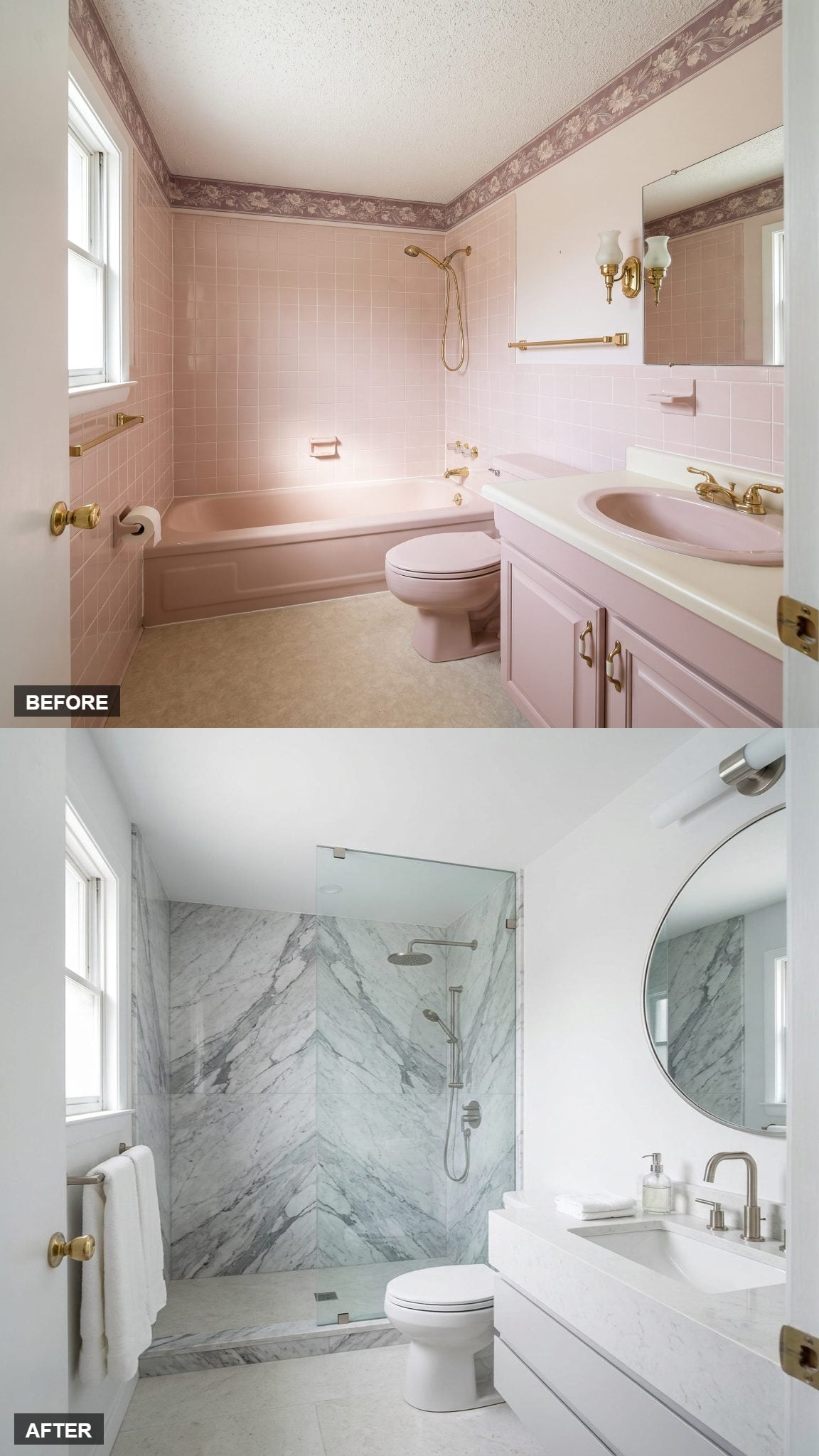 Marble Waterfall Shower in Bookmatched Gray and Brushed Nickel