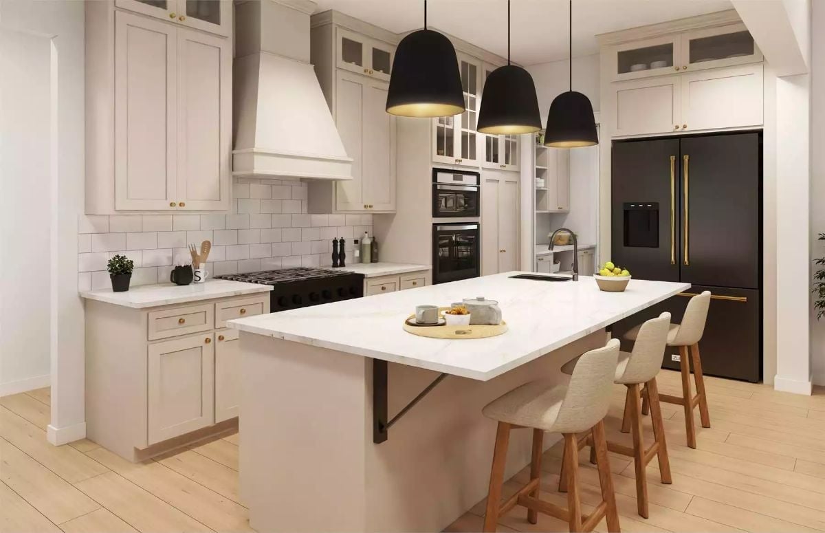 Black Pendants, Marble Island, and a Refrigerator That Commands the Room