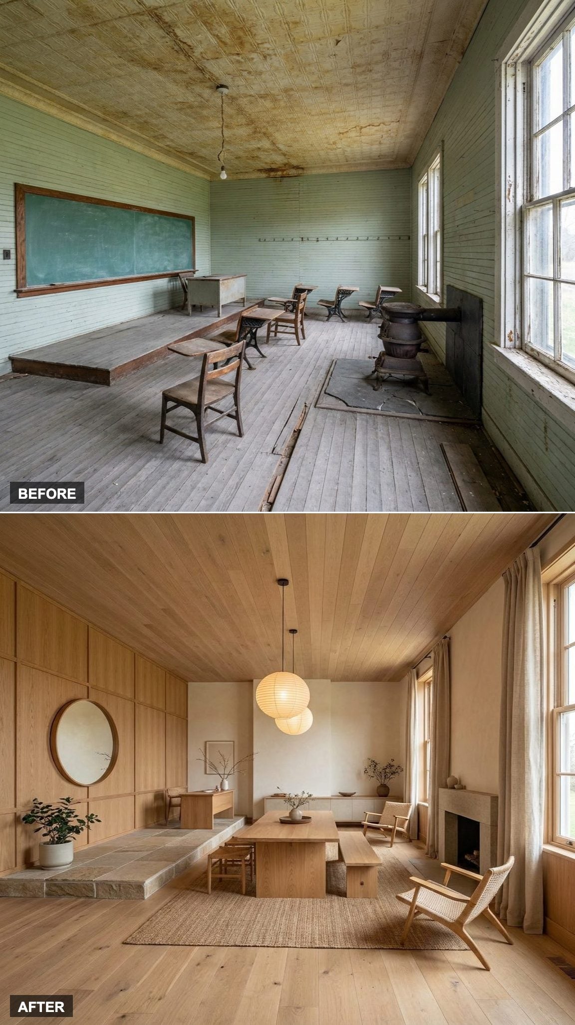 A Massive Stone Fireplace and Timber Trusses Turn the Schoolhouse Into a Mountain Lodge Gathering Room