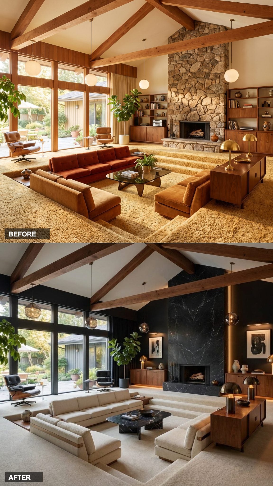 Matte Black Walls, Floating Walnut, and a Marble Fireplace That Means Business