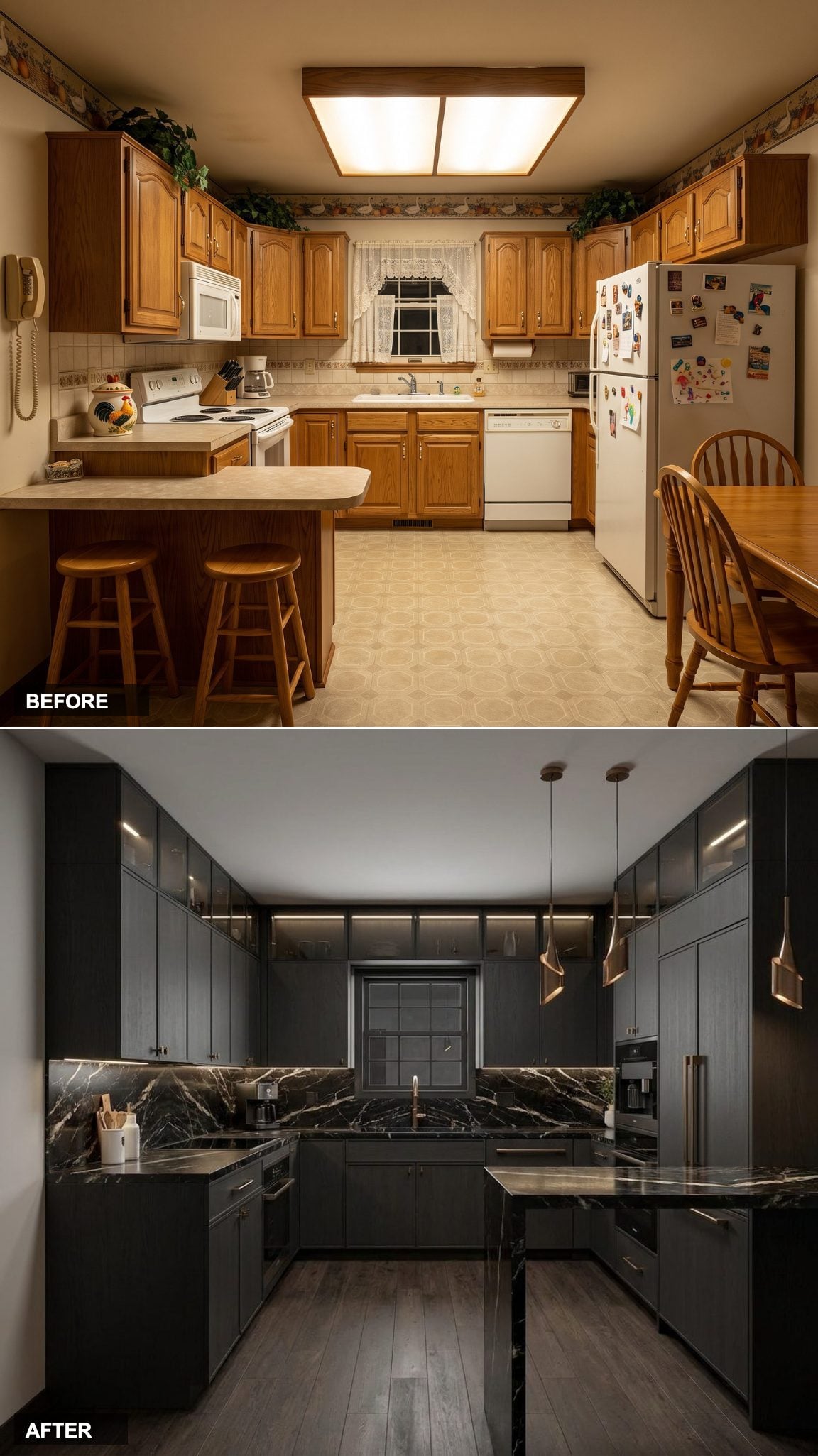 Matte Charcoal Oak Cabinets and Bookmatched Black Marble Make This the Moody Kitchen You Didn't Know You Wanted
