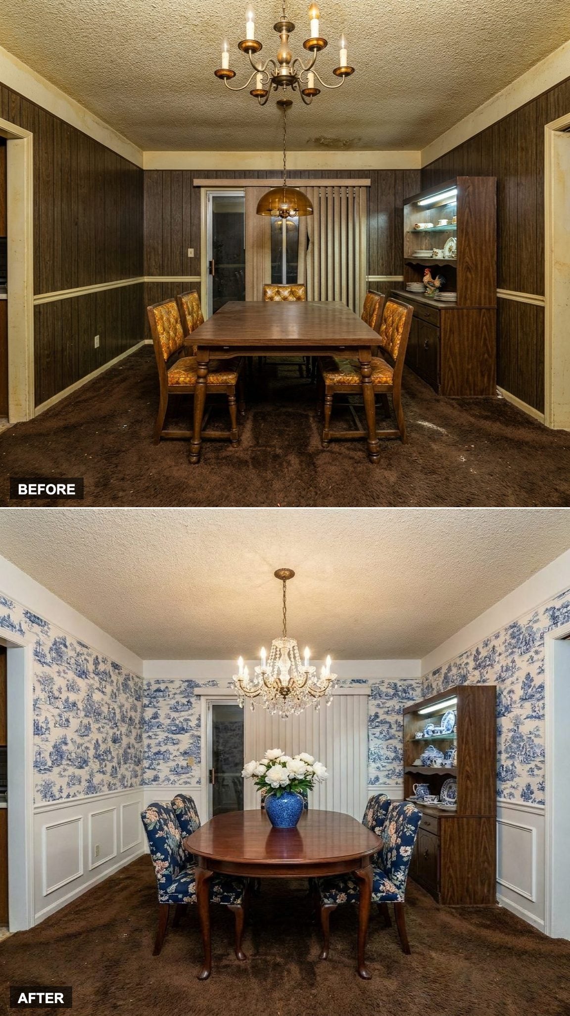 Maximalist Grandmillennial with Chinoiserie Wallpaper and Antiqued White Wainscoting