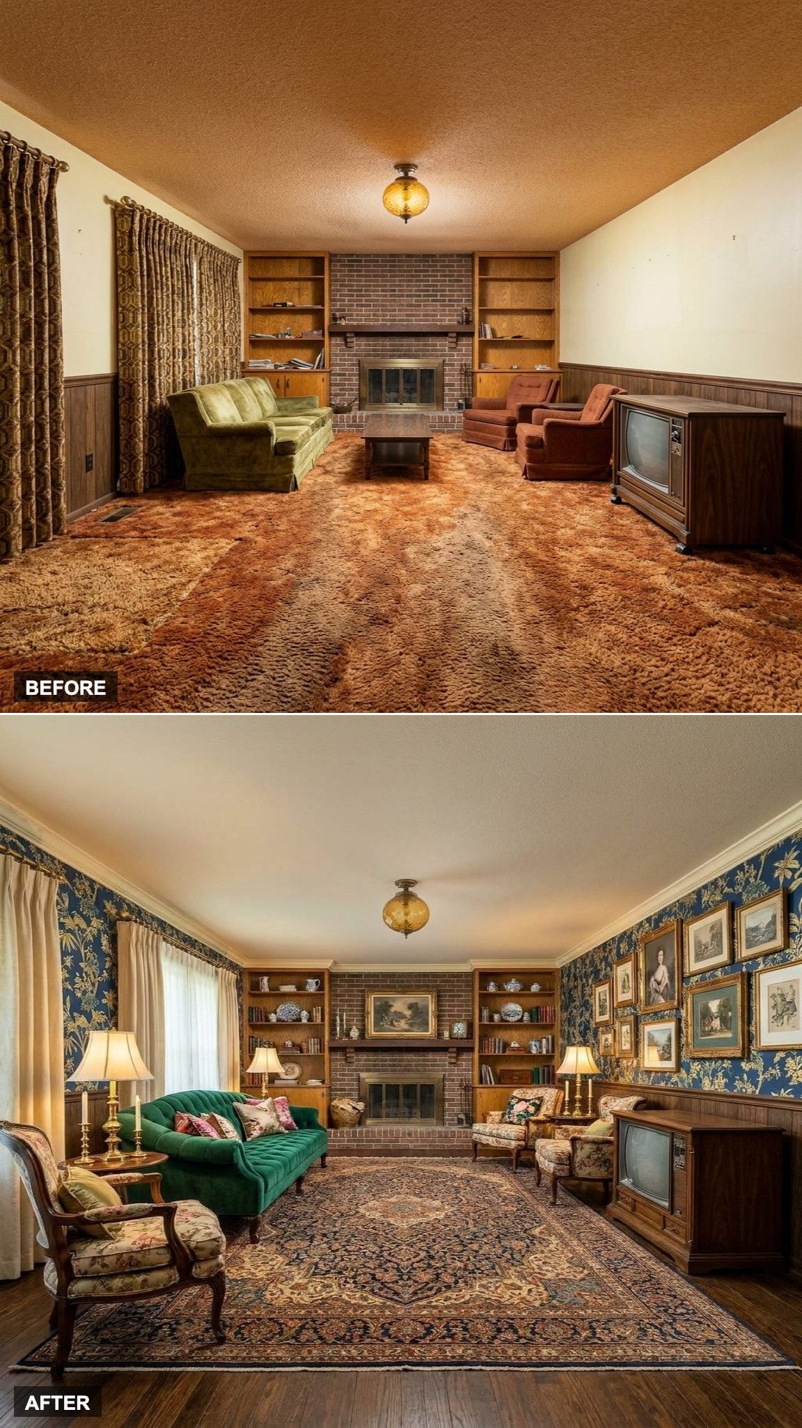 Maximalist Grandmillennial Parlor with Chinoiserie Wallpaper and Antique Brass