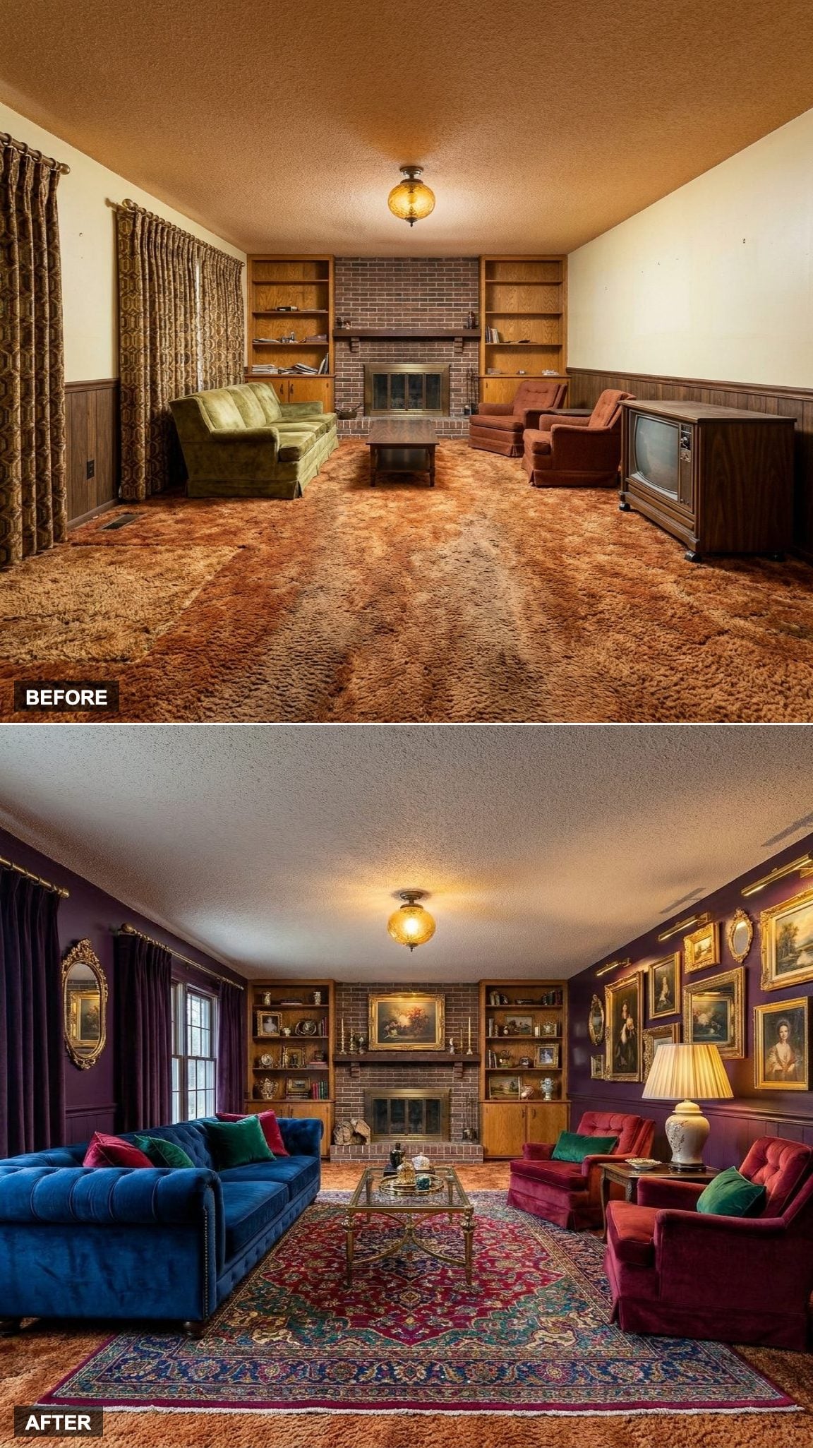 Maximalist Jewel Box with Lacquered Aubergine Walls and Brass Gallery Lighting