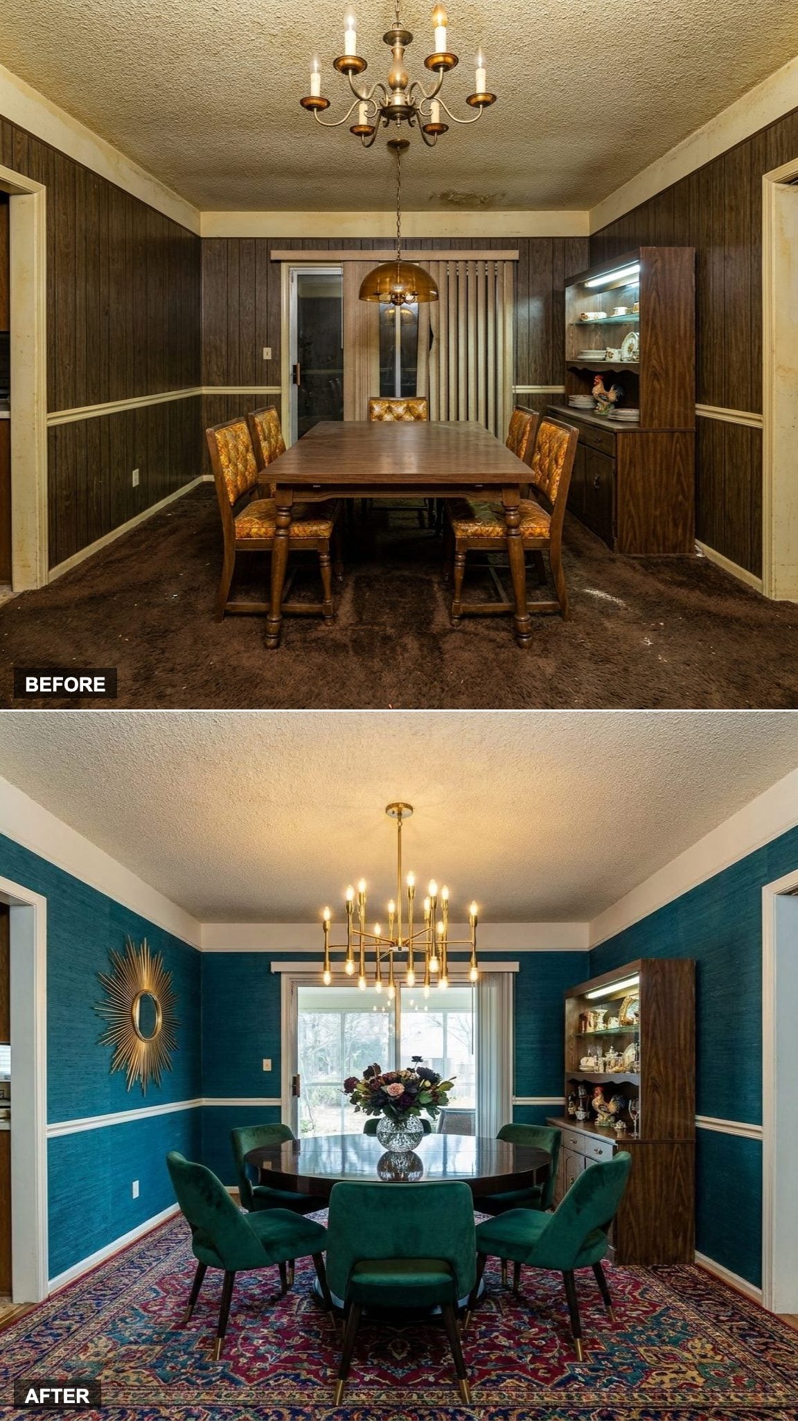 Maximalist Jewel Box with Peacock Blue Grasscloth Walls, Velvet Dining Chairs, and a Brass Sunburst Mirror