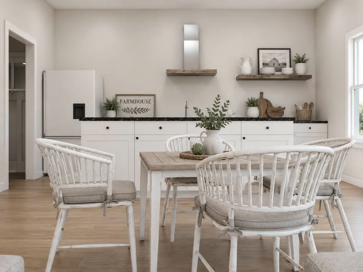 Whitewashed Windsor Chairs and Black Granite Make an Unlikely Pair That Works