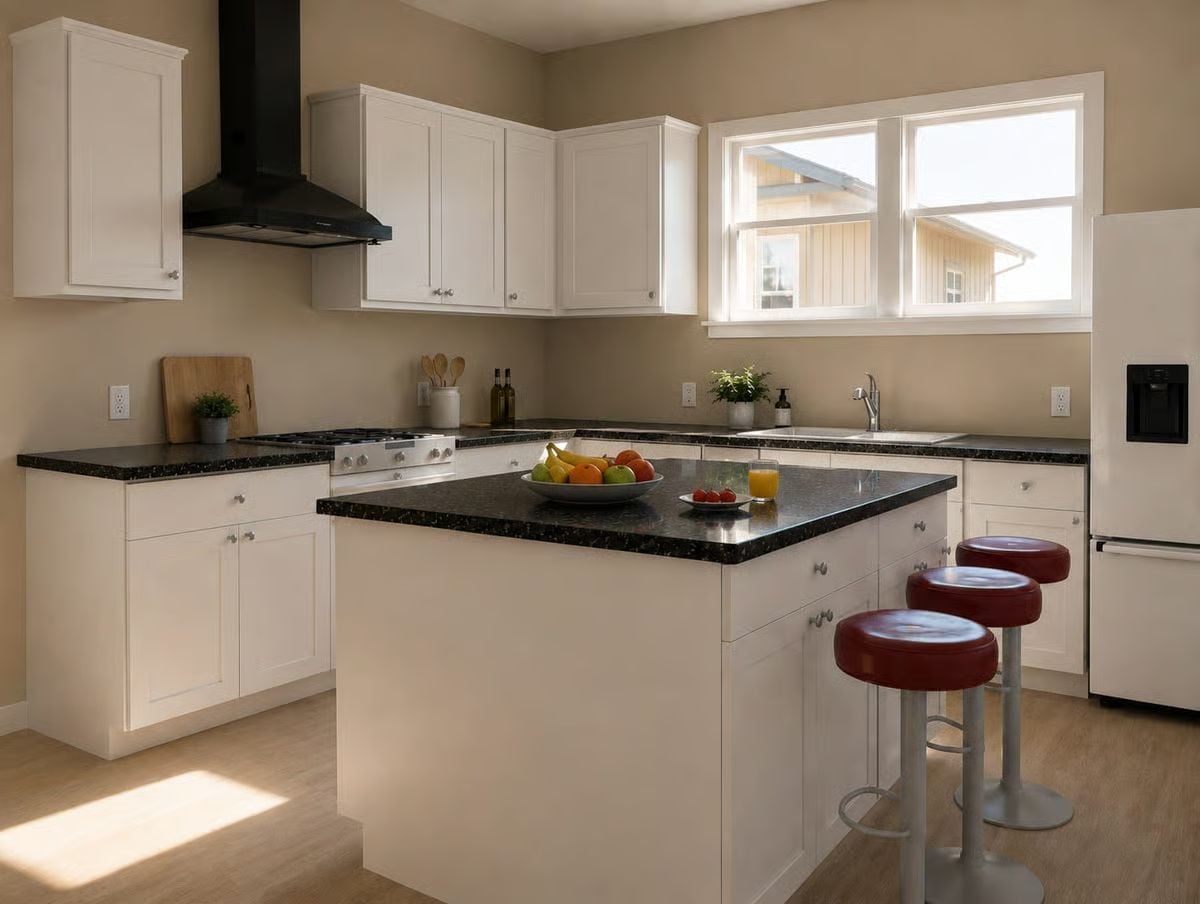 Black Granite Island Stools in Burgundy — Wait, No Em-Dashes — Kitchen That Earns Its Keep