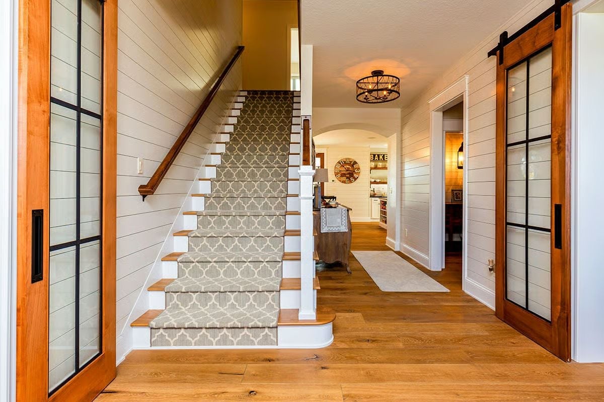 Shiplap Foyer Where a Patterned Stair Runner Earns Its Keep From Step One