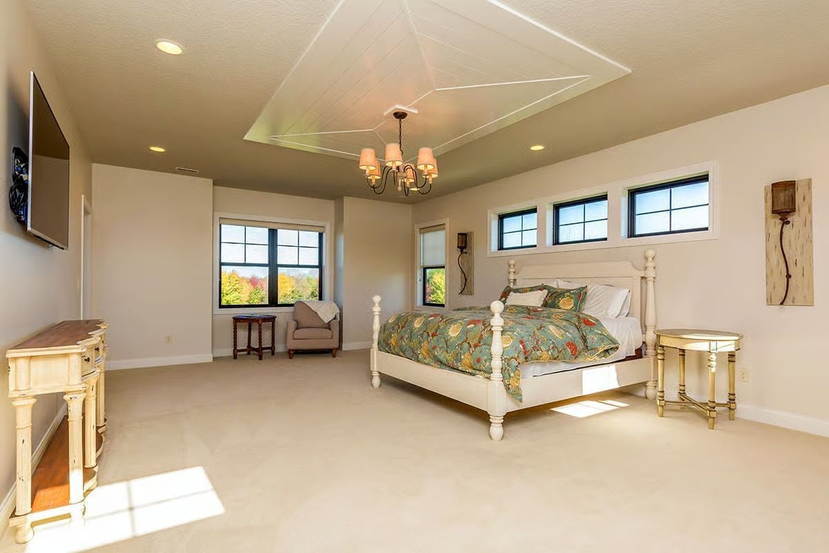 Tray Ceiling With Shiplap Inset and a Chandelier That Earns Its Place