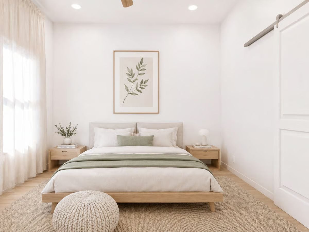 Sage Green and Raw Oak Turn a Plain White Bedroom Into Something Worth Sleeping In