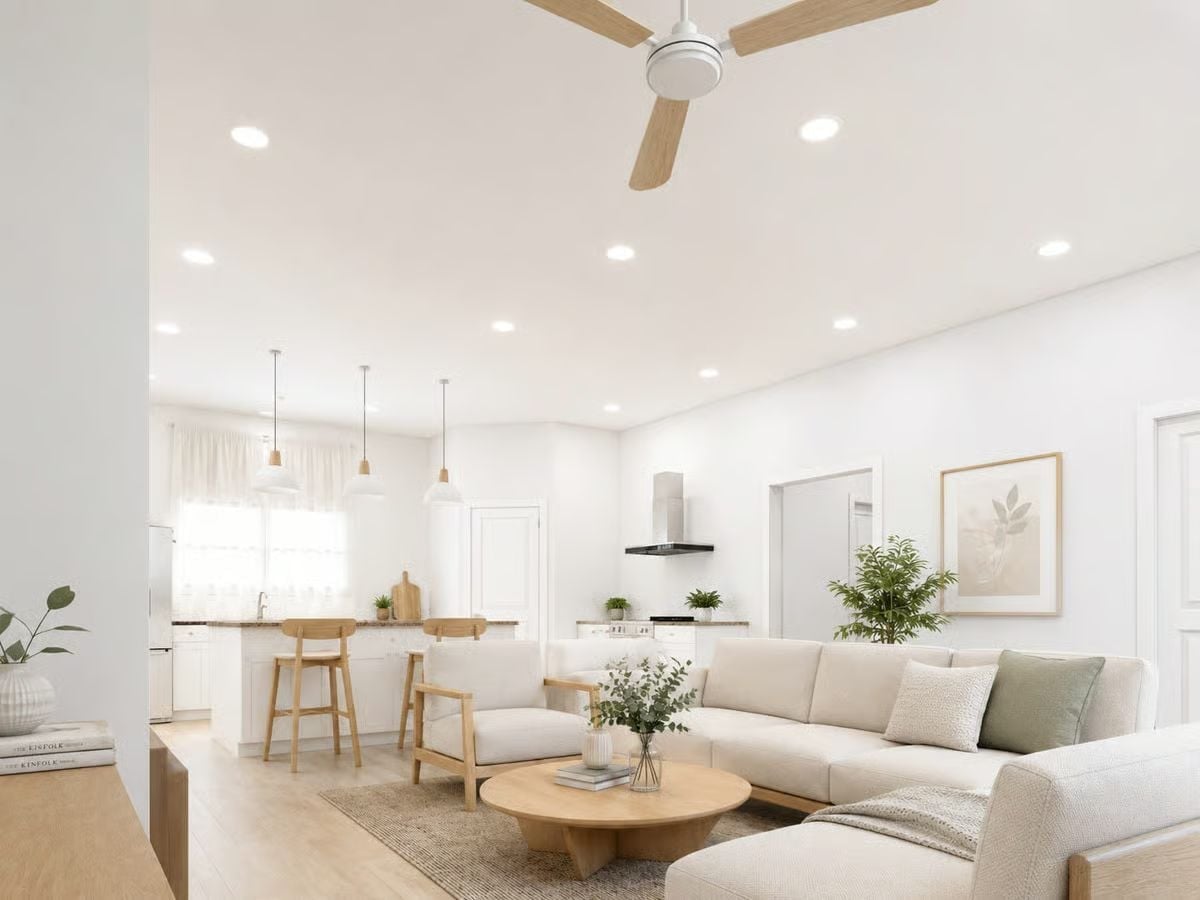 Warm Wood Accents and Cream Upholstery in an Open-Concept Living Space
