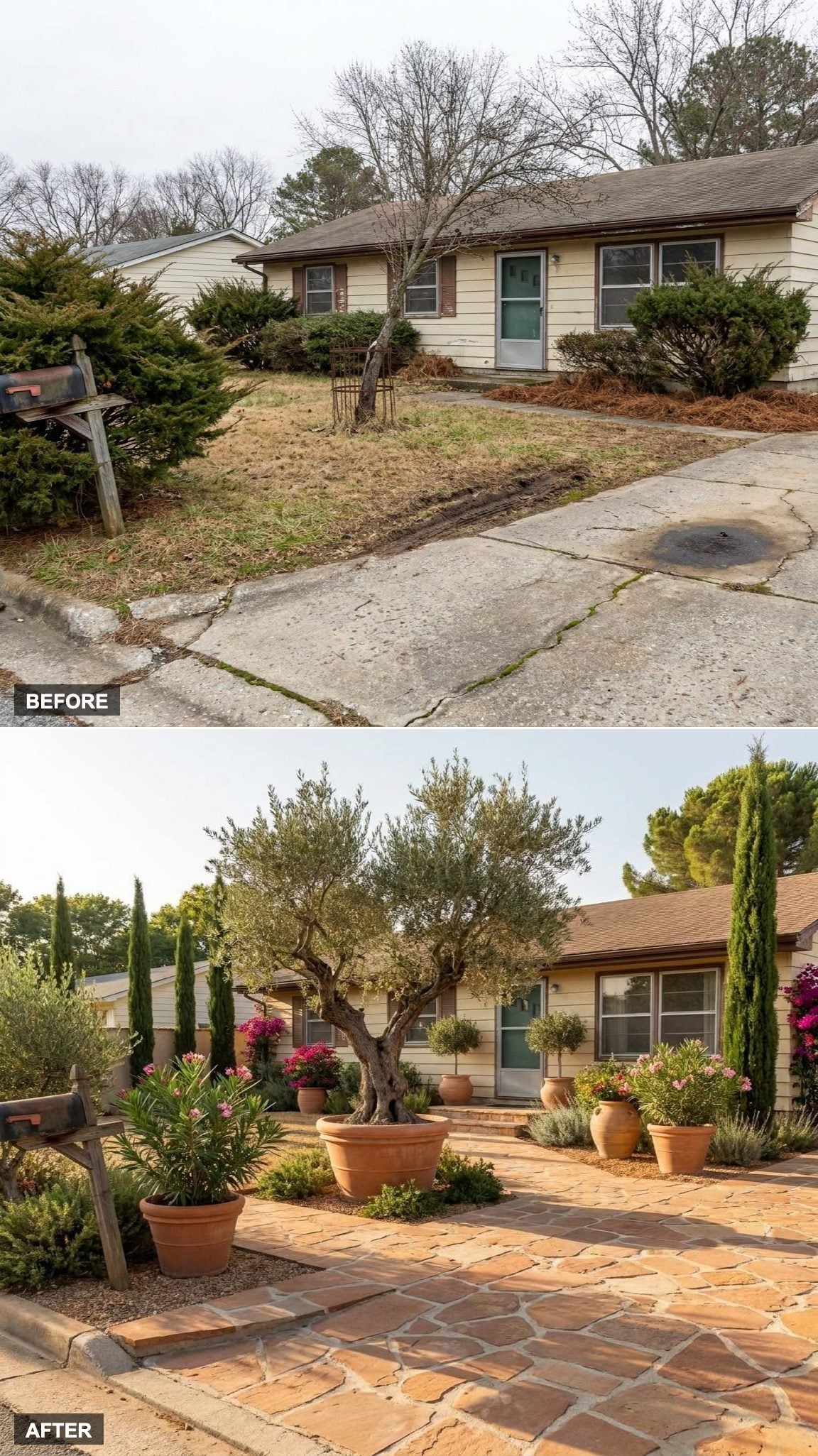 Mediterranean Villa Front Yard with Olive Trees, Terracotta Pots, and Warm Stone Paving