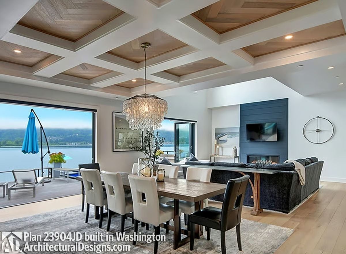 Coffered Ceiling, Capiz Chandelier, and a Lake That Fills the Wall