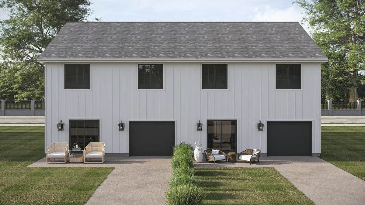 Paired Patios and Dark Garage Doors Give This Duplex Its Farmhouse Edge