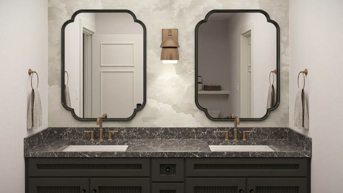 Scallop-Frame Mirrors and Bronze Hardware Pull This Vanity Together