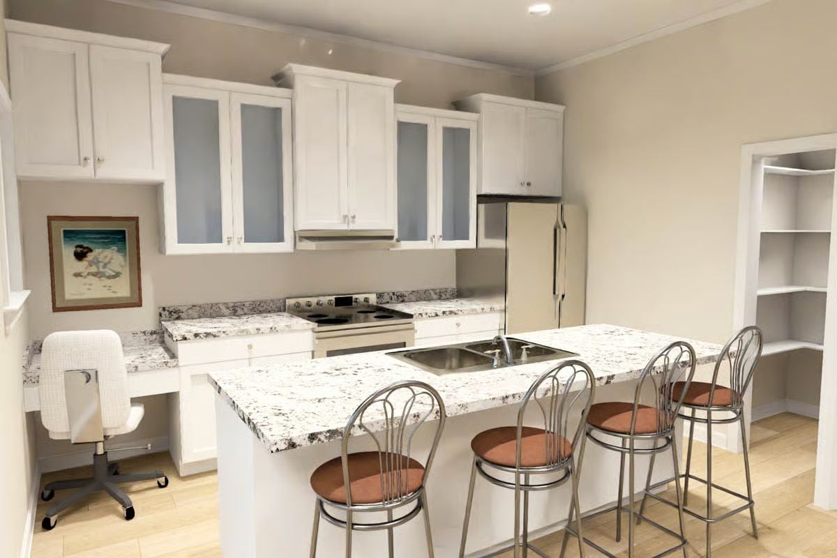 Granite Island with Sink and Four Bar Stools Does a Lot of Heavy Lifting
