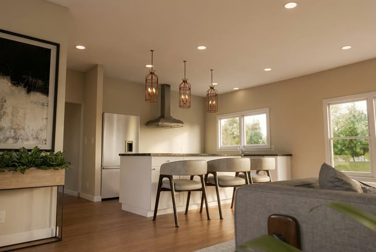 Copper Cage Pendants Hung Low Enough to Actually Light the Work Surface