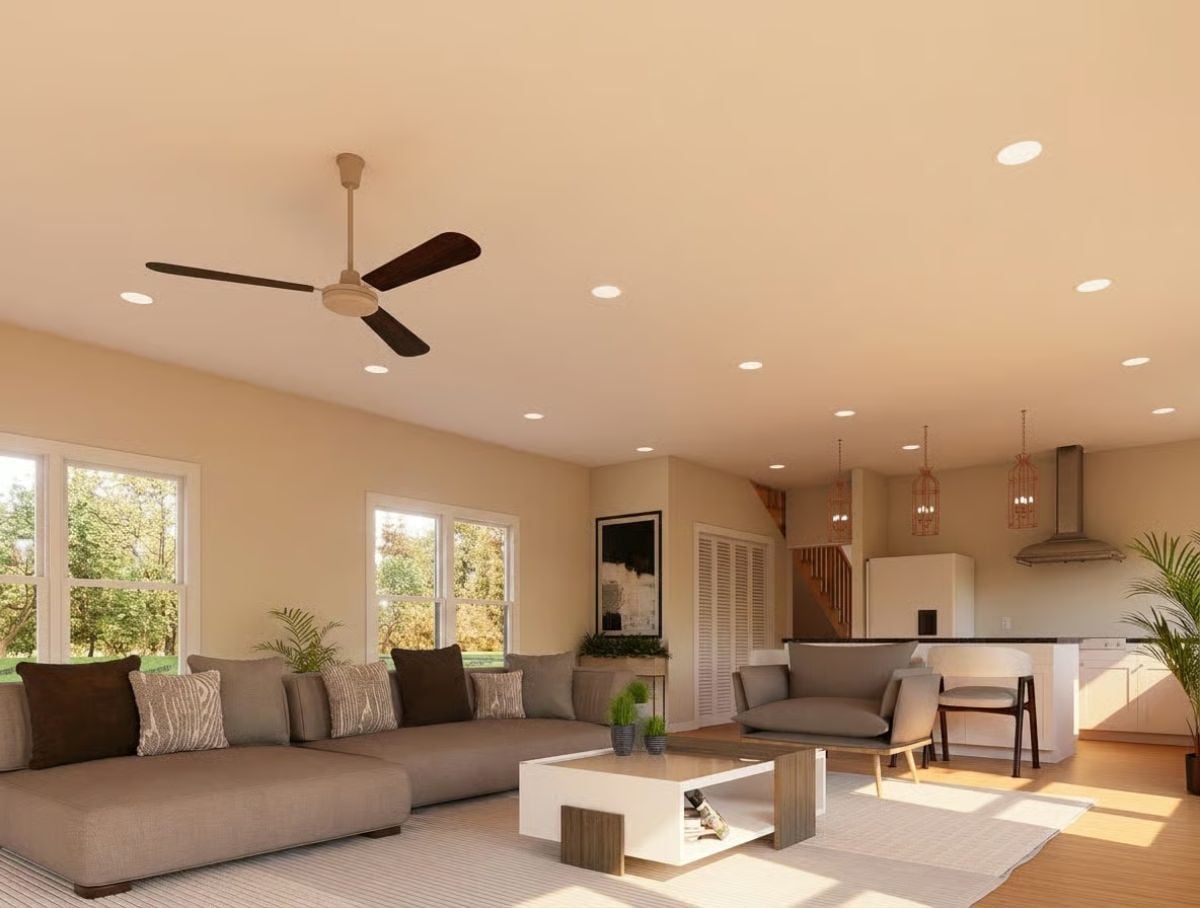 Recessed Lights, Dark Fan Blades, and a Sectional That Actually Fits the Room