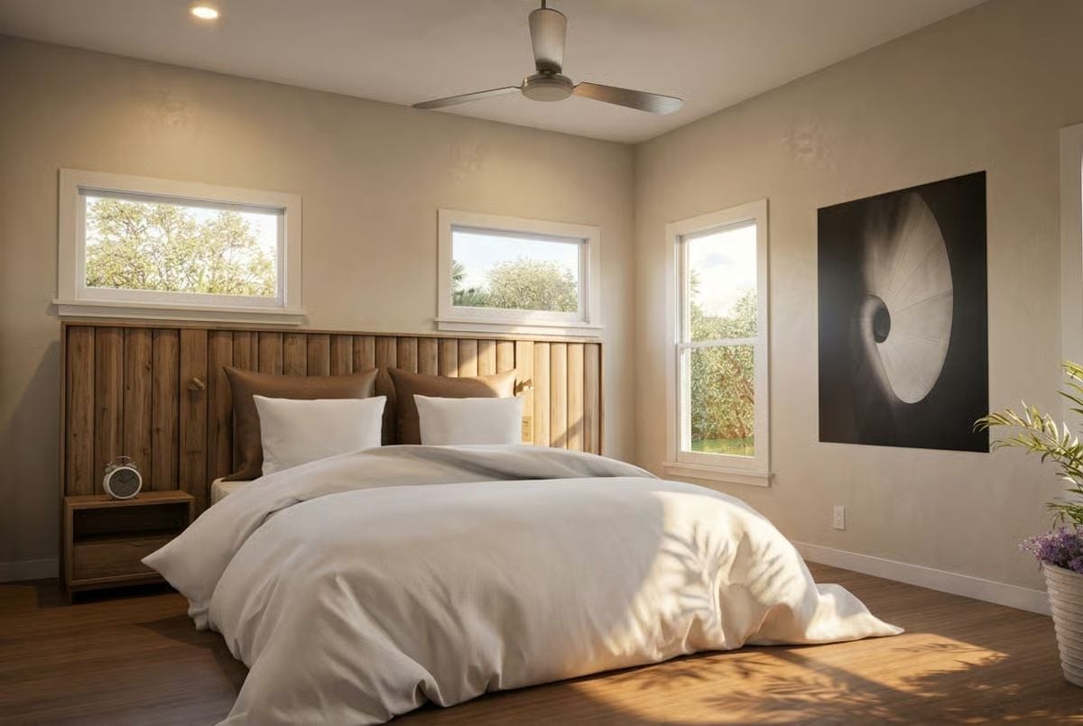 Warm Wood Headboard Wall Built Tall Enough to Frame the Windows Above It